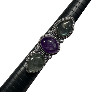 Labradorite Amethyst 925 Triple Stone Gemstone Silver Ring 8.75